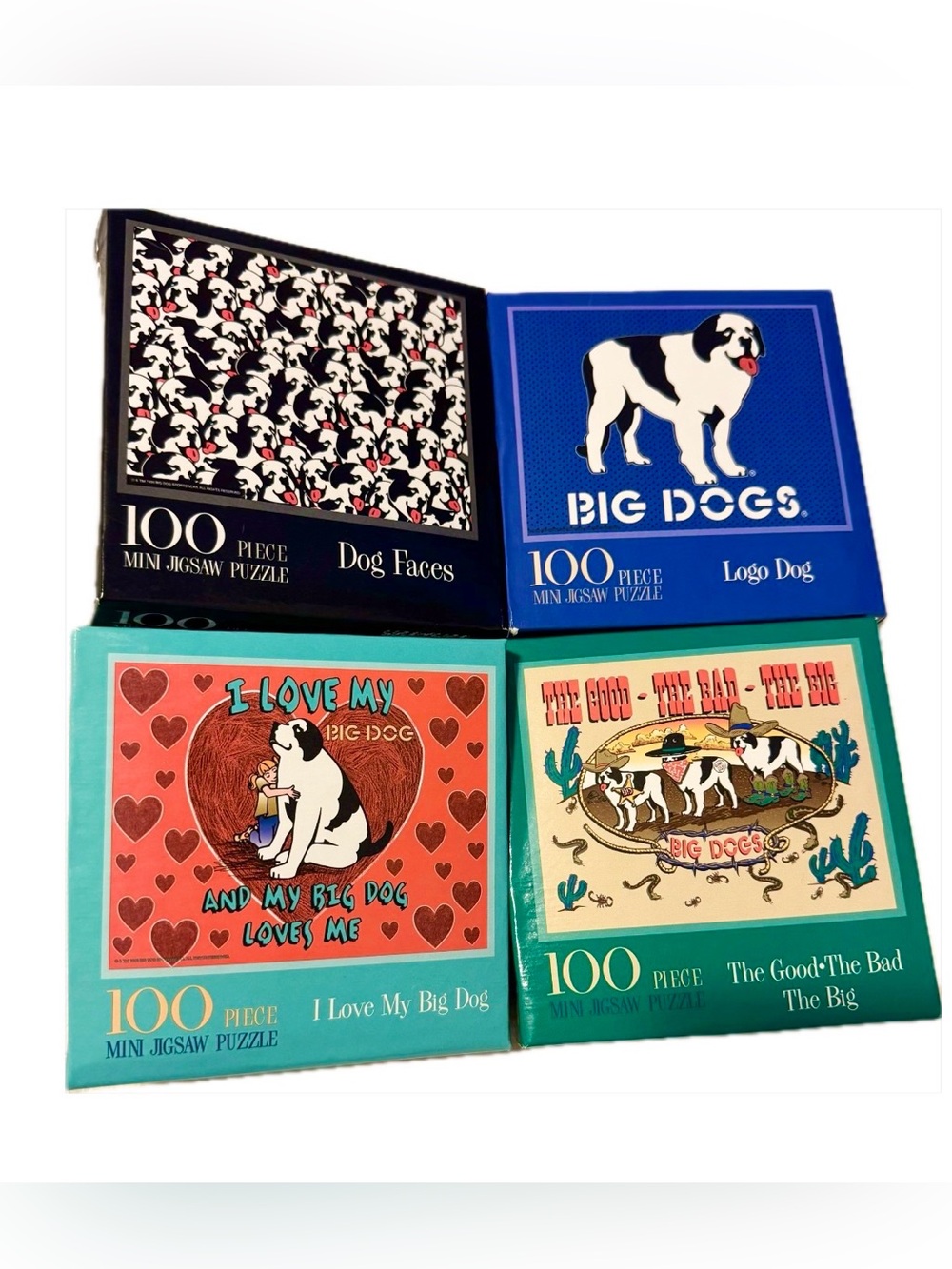 Vintage 1996 Big Dogs 100pc each Mini Jigsaw Puzzles - Set of 4 Bundle NEW, Seal